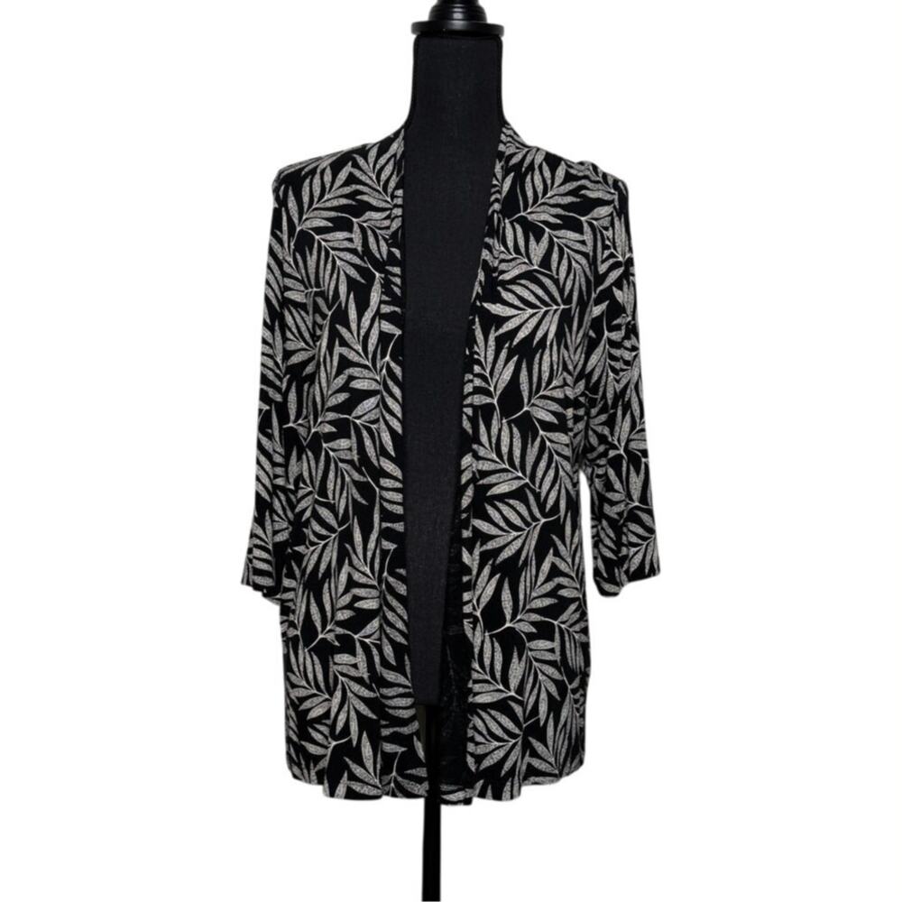 J. Jill Open Front Black White Cardigan- Leaf Print - Size L